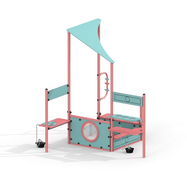 Leikkikenttälaite Pluto sinisella ja vaaleanpunaisella värillä.