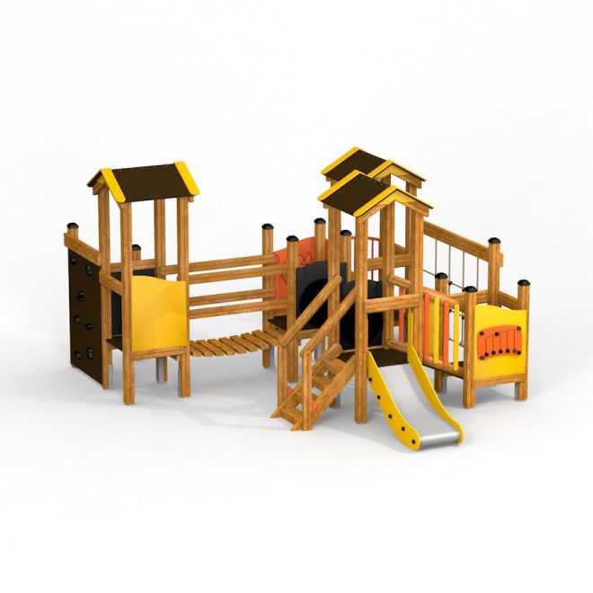 Alpha leikkipuiston puiset kiipeilytelineet ja liukumäki keltaisilla yksityiskohdilla