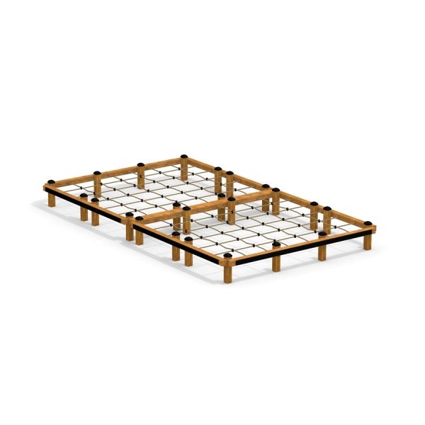 Lasten leikkiteline Grid puisilla jaloilla ja verkkomaisella alustalla.