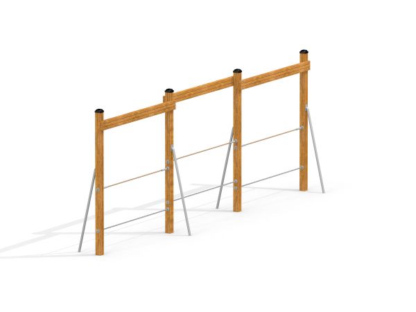 Kolme pystysuoraa Rope Bar -rimaa, joissa tukevat metalliset jalat.