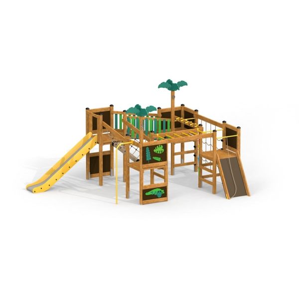 Lasten seikkailuleikkipaikka Jungle, puusta valmistettu, liukumäellä ja kiipeilytelineellä.