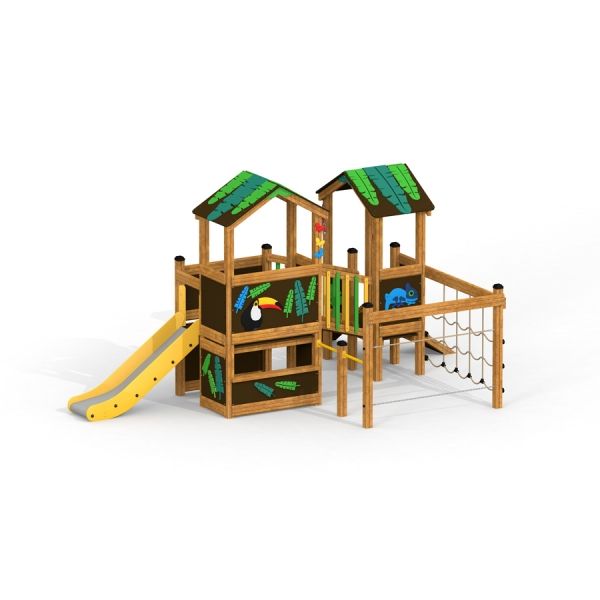 Jungle House leikkipaikka liukumäellä ja kiipeilyverkolla.