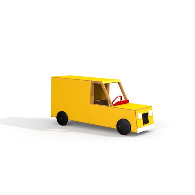 Keltainen leikkiauto Van puusta ja muovista.