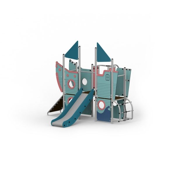 Leikkipaikkavene Pirate Ship liukumäellä ja kiipeilyseinällä.