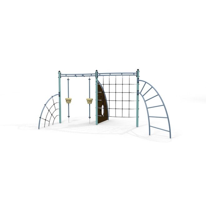 Perseus-leikkiväline, jossa köysikiipeilytelineet, renkaat ja kiipeilyverkko, lapsille suunniteltu.