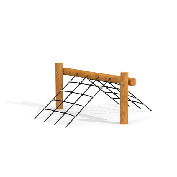Dragonfly net -kiipeilyverkko, puiset tolpat ja musta verkko, lasten leikkipaikka.