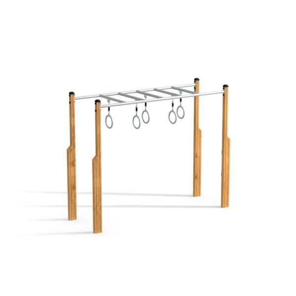 Horizontal ladder w/ climbing rings – metallinen ja puinen liikuntateline.