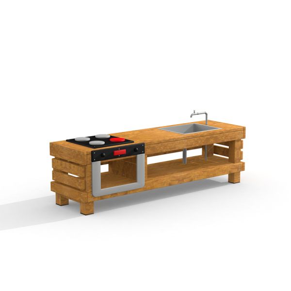 Puiset Kitchen Table-leikkisetti: liesi, tiskiallas ja hylly.