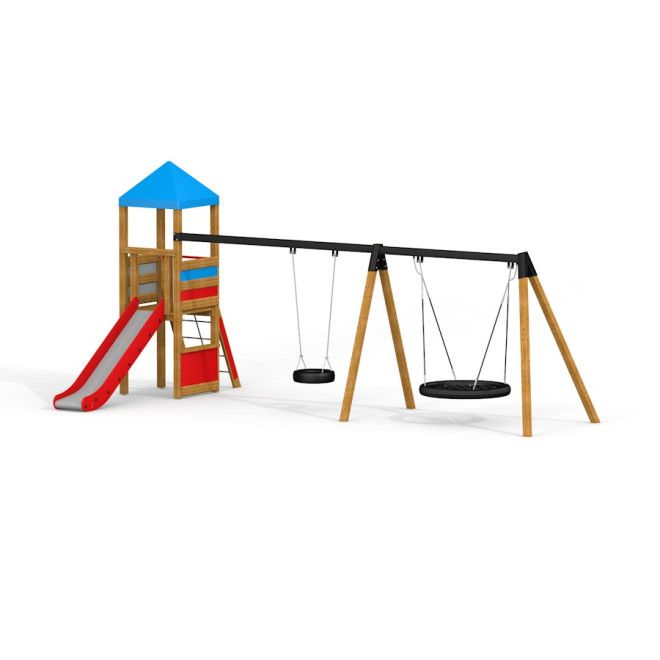 Bird Nest Swing with Tower (BNS 120 cm) - leikkitornilla ja kahdella keinulla varustettu puinen leik