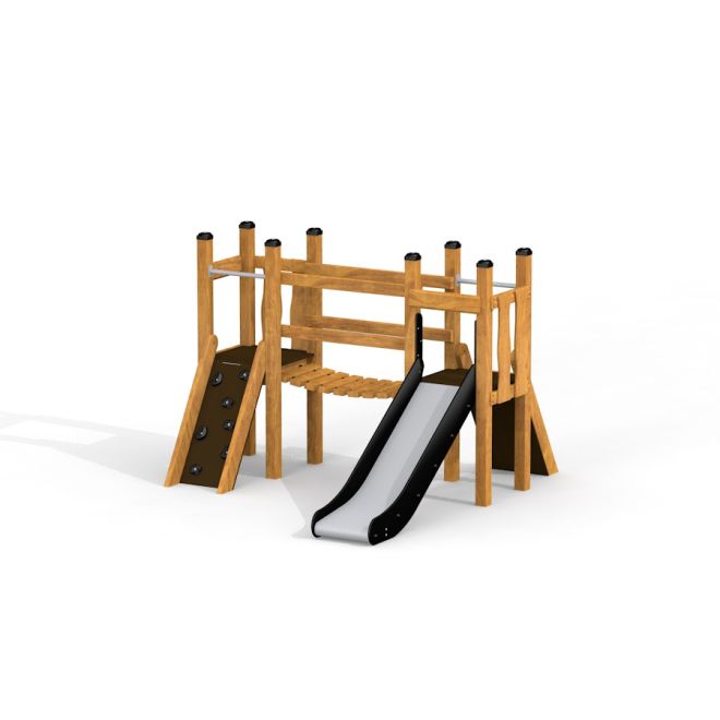 Leikkikenttävaruste Mini Play Modern Nature, jossa liukumäki ja kiipeilyseinä.