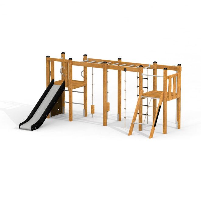 Zebra Modern Nature - puinen leikkipuiston kiipeilyteline liukumäellä ja köysillä.