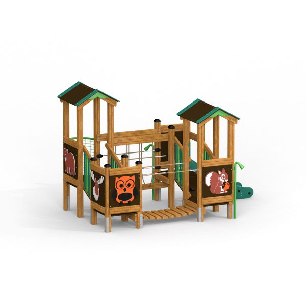 Puinen Forest Treehouse-leikkipaikkarakenne, jossa on eläinhahmoin koristellut seinät ja vihreät kat