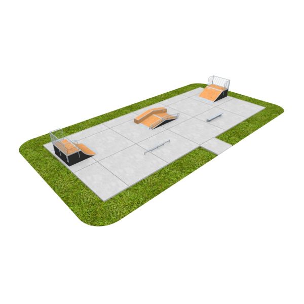 Skate Park 08, moderni rullalautailupuisto loivilla rampeilla ja kaiteilla nurmikentällä.