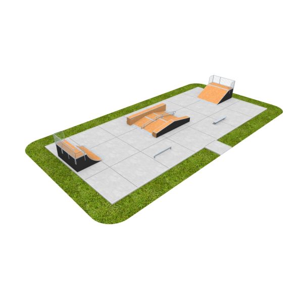 Skate Park 10 - skeittipuisto rampeilla ja kaiteilla betonialustalla.