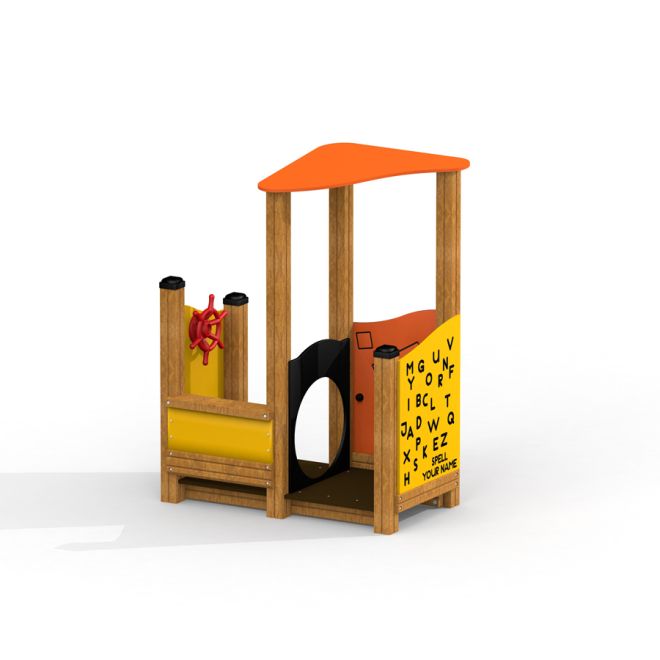 The Little Captain Playhouse ulkoleikkimökki puiset rungot ja oranssi katto.