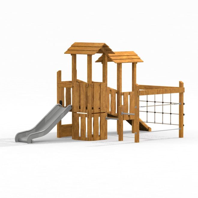 Tower Uvala playhouse with slide - puinen leikkimökki liukumäellä ja kiipeilyverkolla.