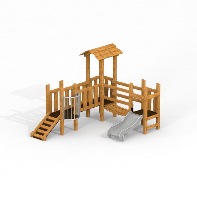 Fortress Uvala playhouse with slide - puinen leikkimökki liukumäellä ja kiipeilytelineellä.
