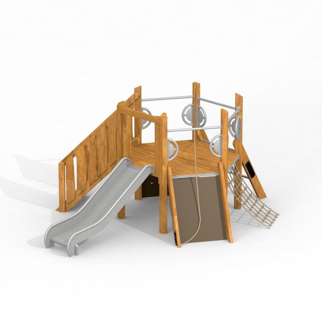 Six Angle Uvala w/ stairs & slide (H90) puinen leikkimökki liukumäellä ja kiipeilytelineillä.