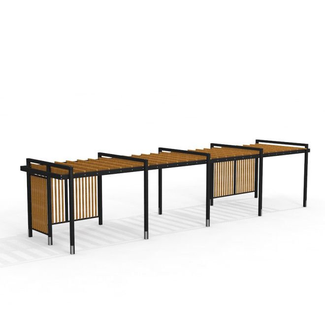 Moderni Pergola IV mustalla rungolla ja puisilla säleillä.