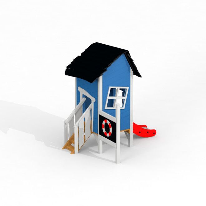 Lena's playhouse with a slide, sininen leikkimökki valkoisilla kaiteilla ja punaisella liukumäellä.