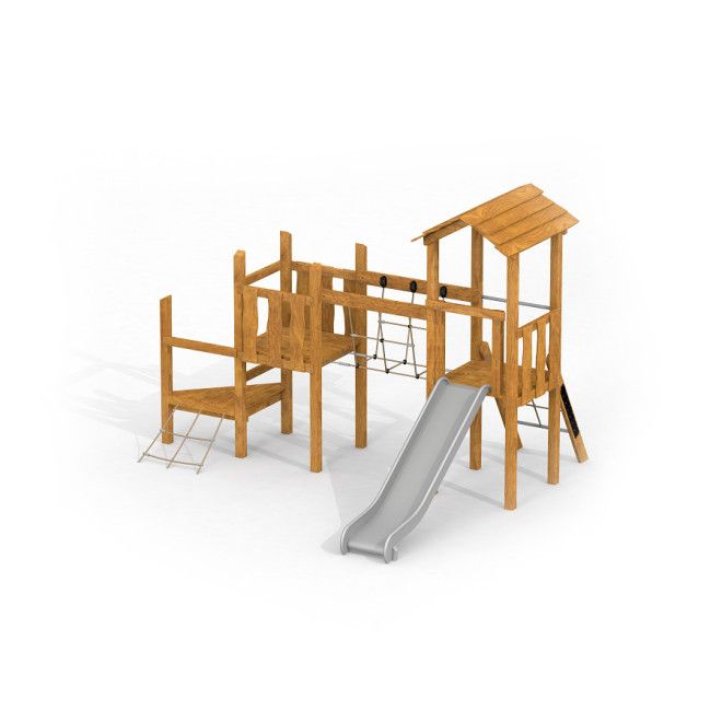 Triangle Uvala wooden playhouse with slide leikkipuiston puisella liukumäellä ja kiipeilytelineellä