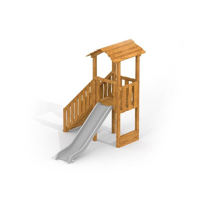Logo Uvala playhouse with slide, puinen leikkimökki liukumäellä lasten leikkiin ulkona.