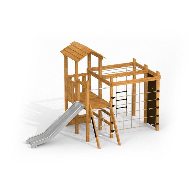 Climbing Kiosk Uvala wooden playhouse liukumäellä ja kiipeilytelineillä.