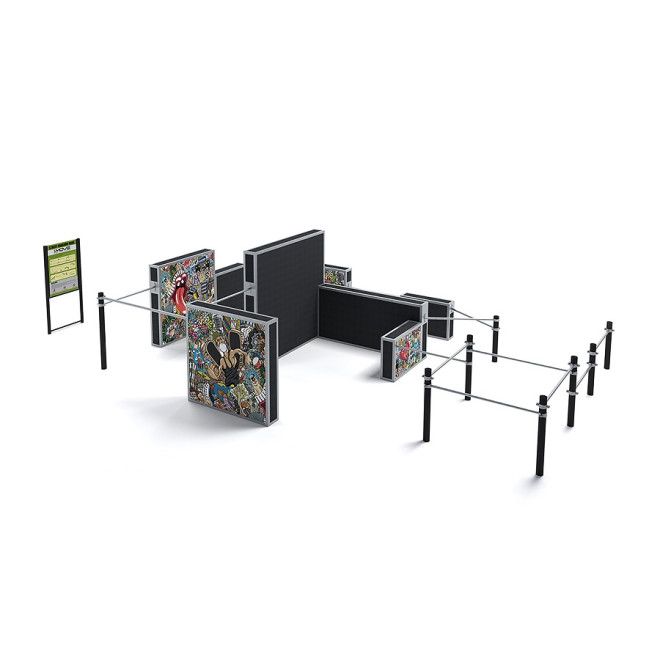 Large parkour set II - moderni ulkokuntoiluväline, jossa on pystysuoria seiniä ja tikkaita liikuntaa