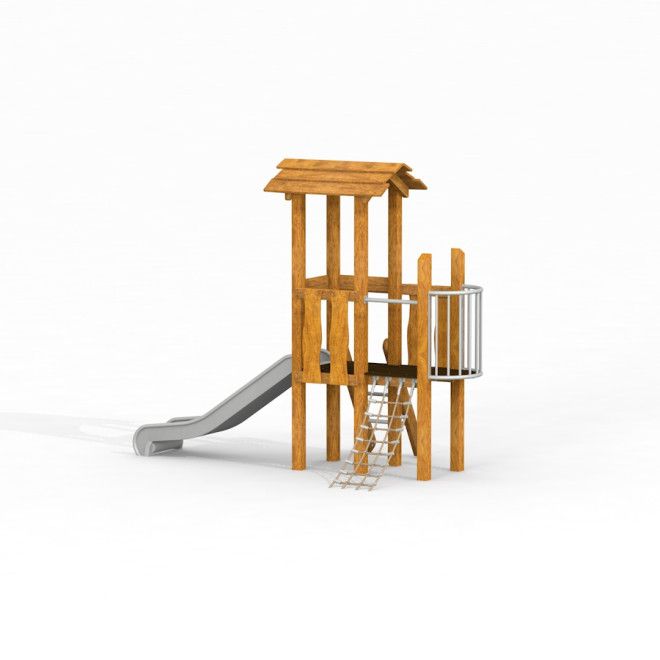 Pixie Uvala wooden playhouse with slide ja tikas leikkipuiston varustukseen.