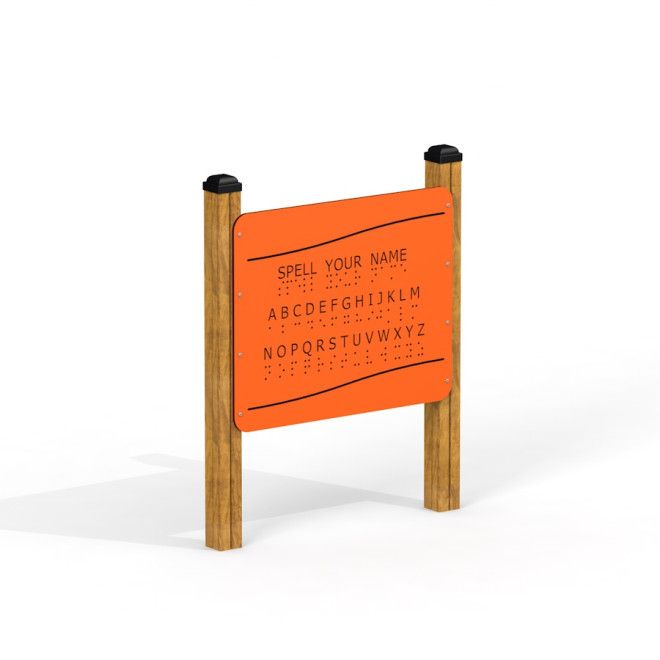 Board with braille alphabet - oranssi opastaulu puisilla tukipylväillä, jossa on aakkoset pistekirjo