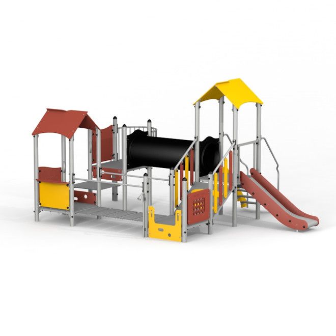 Fortress with a slide II - monitasoinen lasten leikkipuisto liukumäellä, keltaisia ja punaisia katok