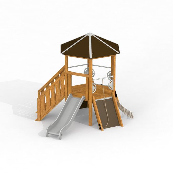 Six Angle w/ stairs & slide wooden leikkimökki, jossa liukumäki ja kiipeilyteline.
