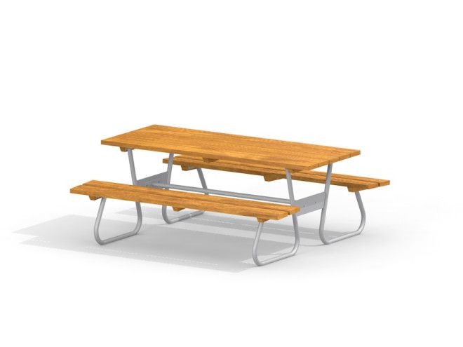 Wood-metal table with benches, puu- ja metallipöytä penkkeineen leikkipaikalle