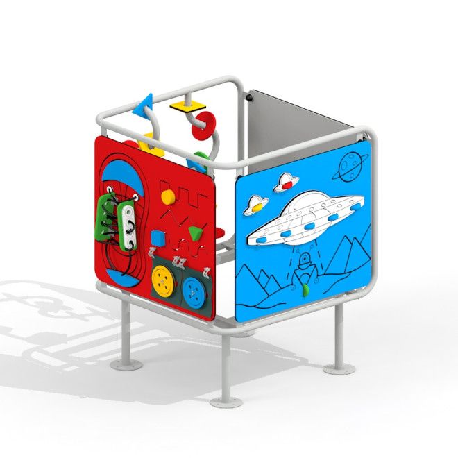 Sensory Box - värikäs leikkikeskus, jossa on erilaisia aistitoimintoja ja avaruusteemaisia kuvia.