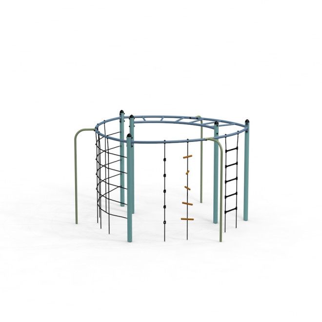 Delfiini kiipeilyteline, jossa köysitikkaat ja metallirunko lasten leikkeihin.