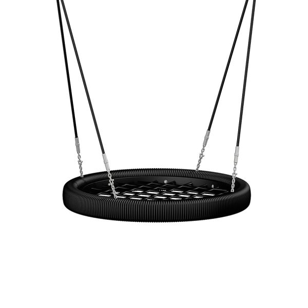 Linnunpesäistuin Ø 120 cm, musta keinu ripustettuna ketjuilla.