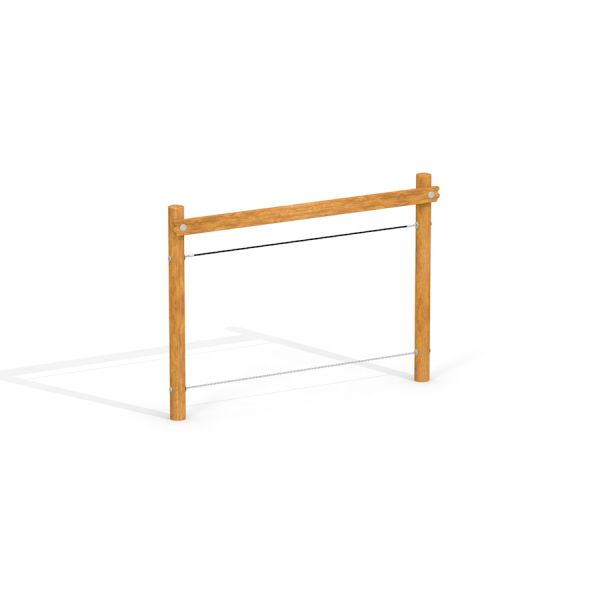 Tasapainokävely natur leikkiteline puisilla pysty- ja vaakaparruilla sekä vaijerilla.