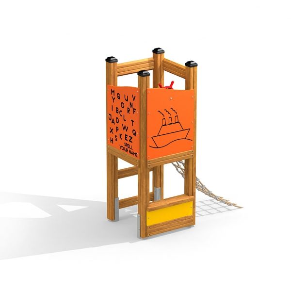 Leikkikentän Nemo-leikkiteline, jossa on oranssi ja keltainen paneeli sekä köysiverkko.