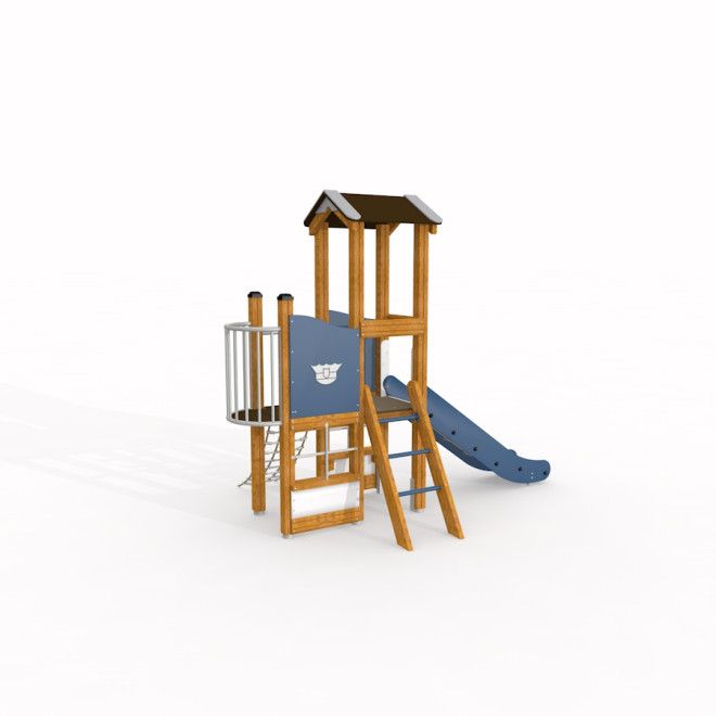 Poliisiasema leikkipuiston puinen kiipeilyteline liukumäellä ja muilla aktiviteeteilla.