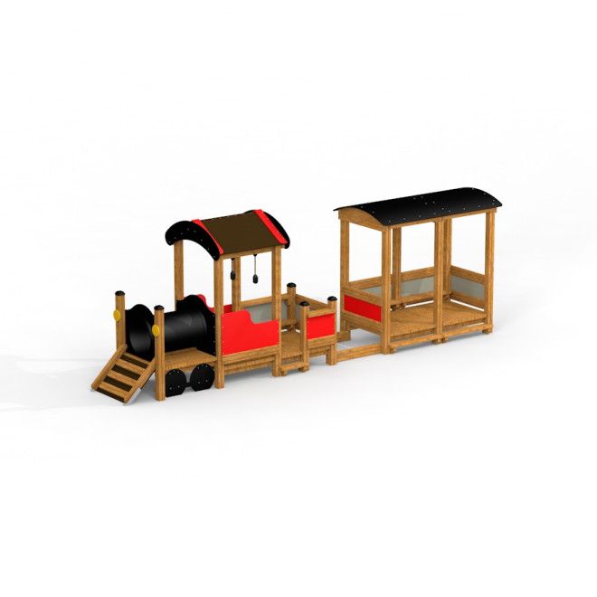 Juna vaunulla lasten leikkijuna puusta ja muovista, punamustat yksityiskohdat.