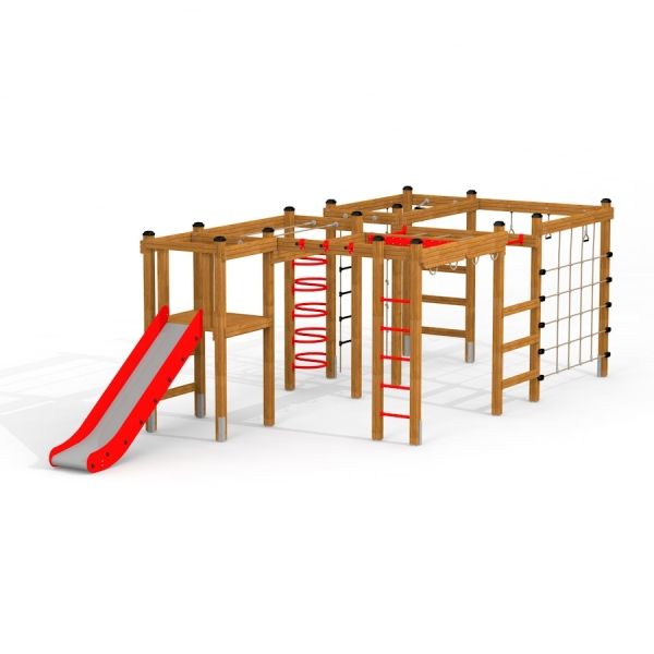 Leikkikenttästruktuuri Toimintakeskus II, jossa on liukumäki ja kiipeilyverkko.